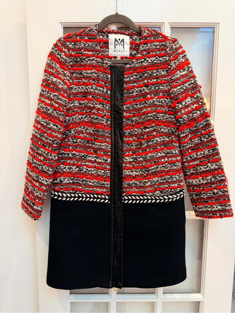 Milly Chic Retro Red, Black & White Wool Tweed Lamb Leather Panel Coat Size 4